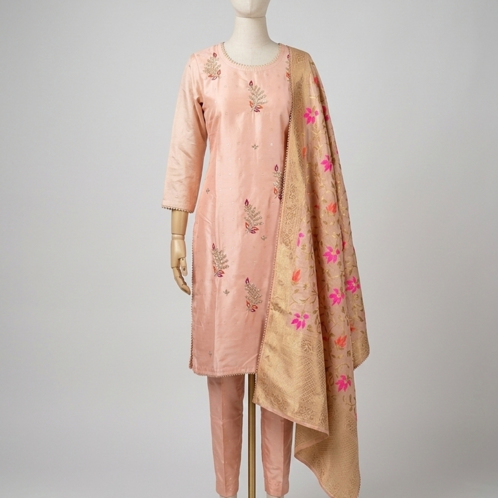 Royal Hand-Embroidered Peach Pink Silk Traditional Indian Dress